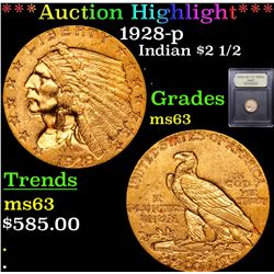 ***Auction Highlight*** 1928-p Gold Indian Quarter Eagle $2 1/2 Graded Select Unc By USCG (fc)
