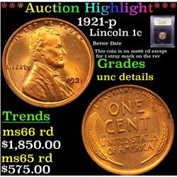 ***Auction Highlight*** 1921-p Lincoln Cent 1c Graded Unc Details By USCG (fc)