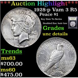 ***Auction Highlight*** 1928-p Vam 3 R5 Peace Dollar $1 Graded Unc Details By USCG (fc)