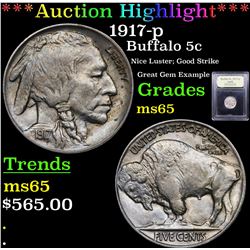 ***Auction Highlight*** 1917-p Buffalo Nickel 5c Graded GEM Unc By USCG (fc)
