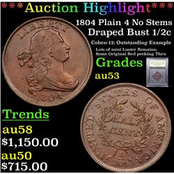***Auction Highlight*** 1804 Plain 4 No Stems Draped Bust Half Cent 1/2c Graded Select AU By USCG (f