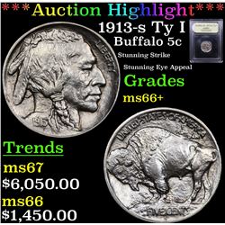 ***Auction Highlight*** 1913-s Ty I Buffalo Nickel 5c Graded GEM++ Unc By USCG (fc)