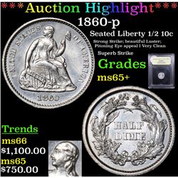 ***Auction Highlight*** 1860-p Seated Liberty Half Dime 1/2 10c Graded GEM+ Unc By USCG (fc)
