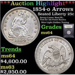 ***Auction Highlight*** 1854-o Arrows Seated Liberty Quarter 25c Graded Choice Unc By USCG (fc)
