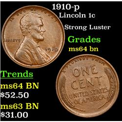 1910-p Lincoln Cent 1c Grades Choice Unc BN