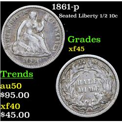 1861-p Seated Liberty Half Dime 1/2 10c Grades xf+
