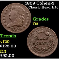 1809 Cohen-3 Classic Head half cent 1/2c Grades f+