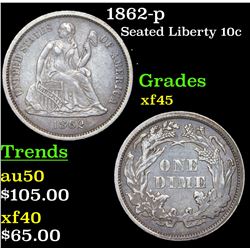 1862-p Seated Liberty Dime 10c Grades xf+