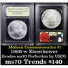 Image 1 : 1990-w Eisenhower Modern Commem Dollar $1 Graded ms70, Perfection By USCG