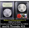 Image 1 : 1991-d USO Modern Commem Dollar $1 Graded ms70, Perfection By USCG