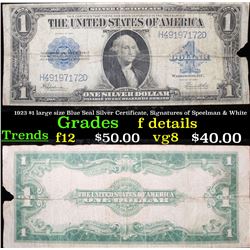 1923 $1 large size Blue Seal Silver Certificate, Signatures of Speelman & White Grades f details