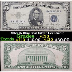 1953 $5 Blue Seal Silver Certificate Grades vf++