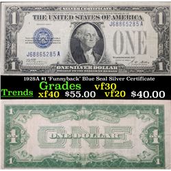 1928A $1 'Funnyback' Blue Seal Silver Certificate Grades vf++
