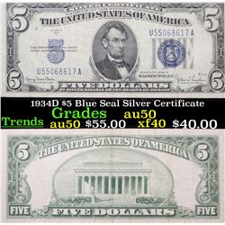 1934D $5 Blue Seal Silver Certificate Grades AU, Almost Unc