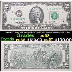 2003A $2 Green Seal Philadelphia Green Seal Federal Reserve Note (FRN)  Grades Gem++ CU