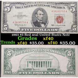 1963 $5 Red seal United States Note Grades xf