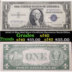 1935G $1 Blue Seal Silver Certificate Signatures Smith/Dillon Grades xf