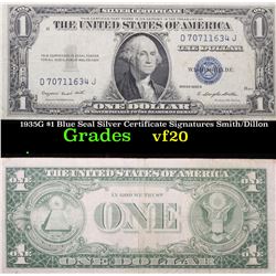 1935G $1 Blue Seal Silver Certificate Signatures Smith/Dillon Grades vf, very fine