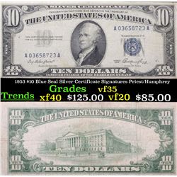 1953 $10 Blue Seal Silver Certificate Signatures Priest/Humphrey Grades vf++