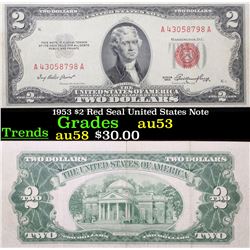 1953 $2 Red Seal United States Note Grades Select AU