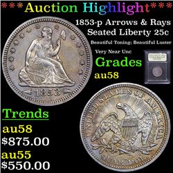 ***Auction Highlight*** 1853-p Arrows & Rays Seated Liberty Quarter 25c Graded Choice AU/BU Slider B