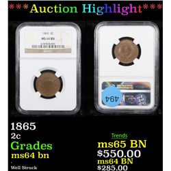 ***Auction Highlight*** NGC 1865 Two Cent Piece 2c Graded ms64 bn By NGC (fc)