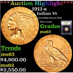 ***Auction Highlight*** 1911-s Gold Indian Half Eagle $5 Graded Select Unc By USCG (fc)