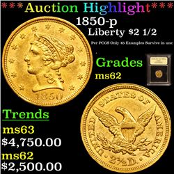 ***Auction Highlight*** 1850-p Gold Liberty Quarter Eagle $2 1/2 Graded Select Unc By USCG (fc)