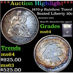 ***Auction Highlight*** 1870-p Rainbow Toned Seated Liberty Dime 10c Graded Choice Unc BY USCG (fc)