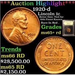 ***Auction Highlight*** 1920-d Lincoln Cent 1c Graded Gem+ Unc RD BY USCG (fc)