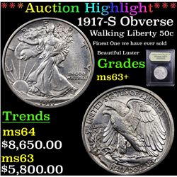 ***Auction Highlight*** 1917-S Obverse Walking Liberty Half Dollar 50c Graded Select+ Unc BY USCG (f