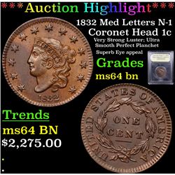 ***Auction Highlight*** 1832 Med Letters N-1 Coronet Head Large Cent 1c Graded Choice Unc BN BY USCG