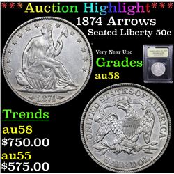 ***Auction Highlight*** 1874 Arrows Seated Half Dollar 50c Graded Choice AU/BU Slider By USCG (fc)