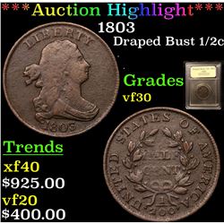 ***Auction Highlight*** 1803 Draped Bust Half Cent 1/2c Graded vf++ By USCG (fc)