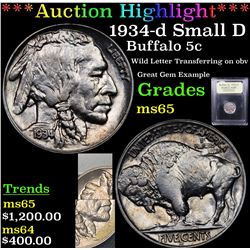 ***Auction Highlight*** 1934-d Small D Buffalo Nickel 5c Graded GEM Unc BY USCG (fc)