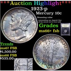 ***Auction Highlight*** 1923-p Mercury Dime 10c Graded GEM++ FSB By USCG (fc)