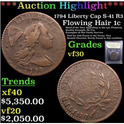 ***Auction Highlight*** 1794 Liberty Cap S-41 R3 Flowing Hair large cent 1c Graded vf++ BY USCG (fc)