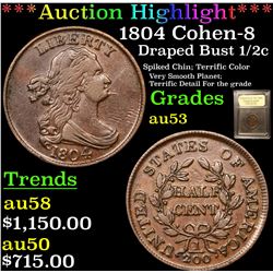 ***Auction Highlight*** 1804 Cohen-8 Draped Bust Half Cent 1/2c Graded Select AU By USCG (fc)