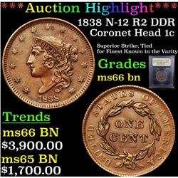 ***Auction Highlight*** 1838 N-12 R2 DDR Coronet Head Large Cent 1c Graded GEM+ Unc BN BY USCG (fc)