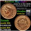 Image 1 : ***Auction Highlight*** 1838 N-12 R2 DDR Coronet Head Large Cent 1c Graded GEM+ Unc BN BY USCG (fc)