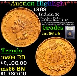 ***Auction Highlight*** 1868 Indian Cent 1c Graded GEM+ Unc RB BY USCG (fc)