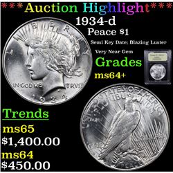 ***Auction Highlight*** 1934-d Peace Dollar $1 Graded Choice+ Unc By USCG (fc)