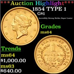 ***Auction Highlight*** 1854 TYPE 1 Gold Dollar $1 Grades Choice Unc (fc)