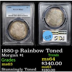 1880-p Rainbow Toned Morgan Dollar $1 Graded ms63 By PCGS