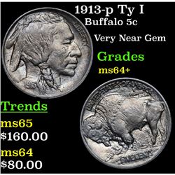 1913-p Ty I Buffalo Nickel 5c Grades Choice+ Unc