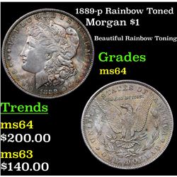 1889-p Rainbow Toned Morgan Dollar $1 Grades Choice Unc