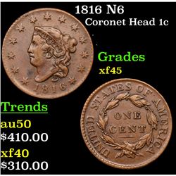 1816 N6 Coronet Head Large Cent 1c Grades xf+