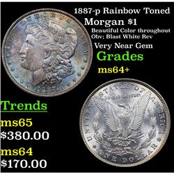 1887-p Rainbow Toned Morgan Dollar $1 Grades Choice+ Unc