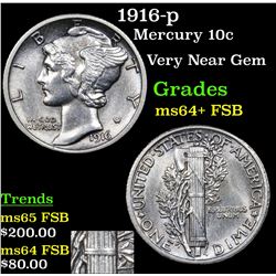 1916-p Mercury Dime 10c Grades Choice Unc+ FSB