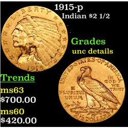 1915-p Gold Indian Quarter Eagle $2 1/2 Grades Unc Details